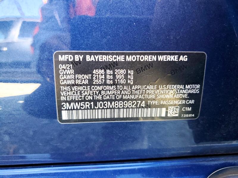 55449756 :رقم المزاد ، 3MW5R1J03M8B98274 vin ، 2021 Bmw 330i مزاد بيع