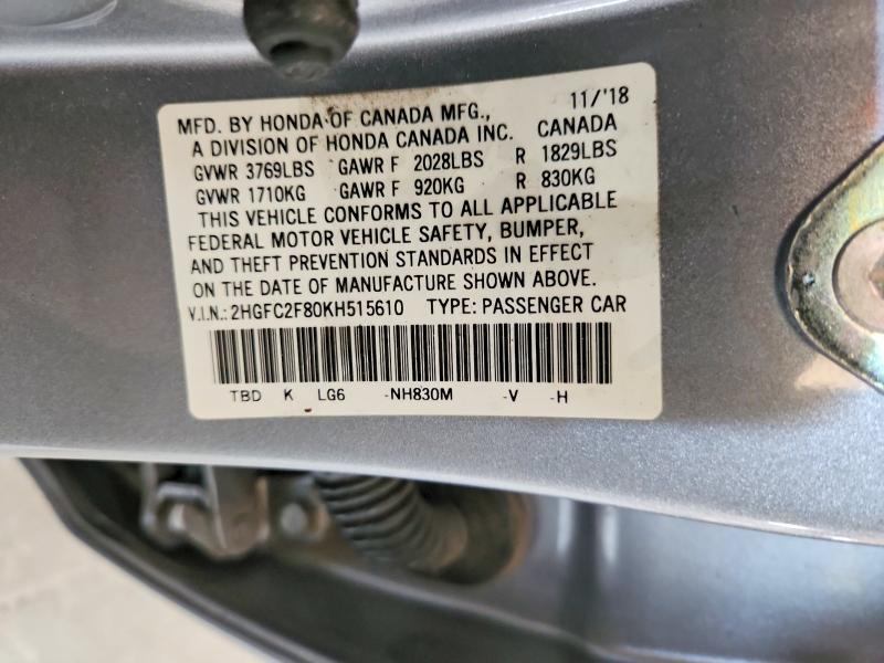 Auction sale of the 2019 Honda Civic, vin: 2HGFC2F80KH515610, lot number: 56151366