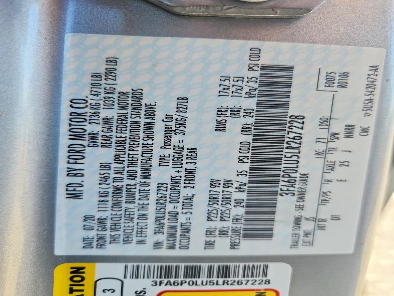 2020 Ford Fusion მანქანა იყიდება აუქციონზე, vin: 3FA6P0LU5LR267228, აუქციონის ნომერი: 56361016