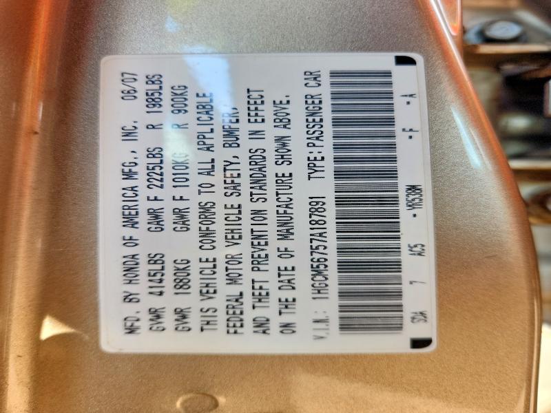 Auction sale of the 2007 Honda Accord, vin: 1HGCM56757A187891, lot number: 58618596