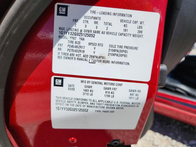 57019946 :رقم المزاد ، 1G1YY32G925125052 vin ، 2002 Chevrolet Corvette مزاد بيع