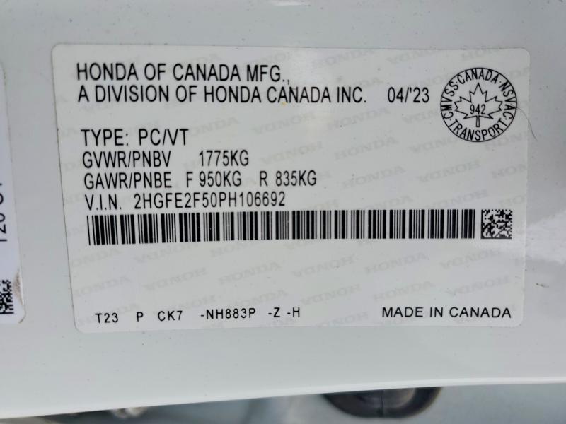 Продаж на аукціоні авто 2023 Honda Civic, vin: 2HGFE2F50PH106692, номер лоту: 58115666