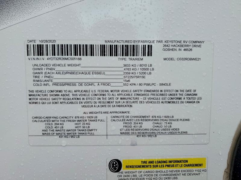 Продаж на аукціоні авто 2021 Keys Cougar Half-ton Trav, vin: 4YDT32R26MC505188, номер лоту: 56507386