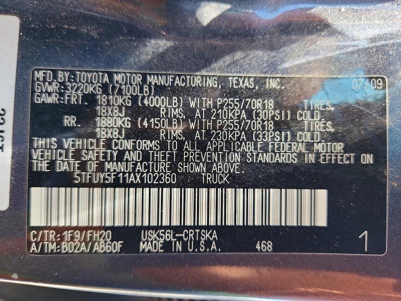 56619586 :رقم المزاد ، 5TFUY5F11AX102360 vin ، 2010 Toyota Tundra مزاد بيع