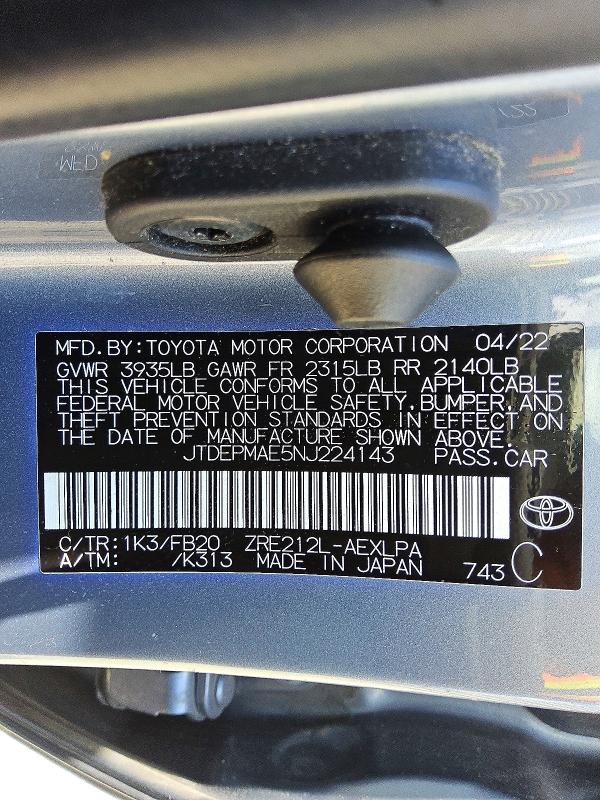 59244866 :رقم المزاد ، JTDEPMAE5NJ224143 vin ، 2022 Toyota Corolla مزاد بيع