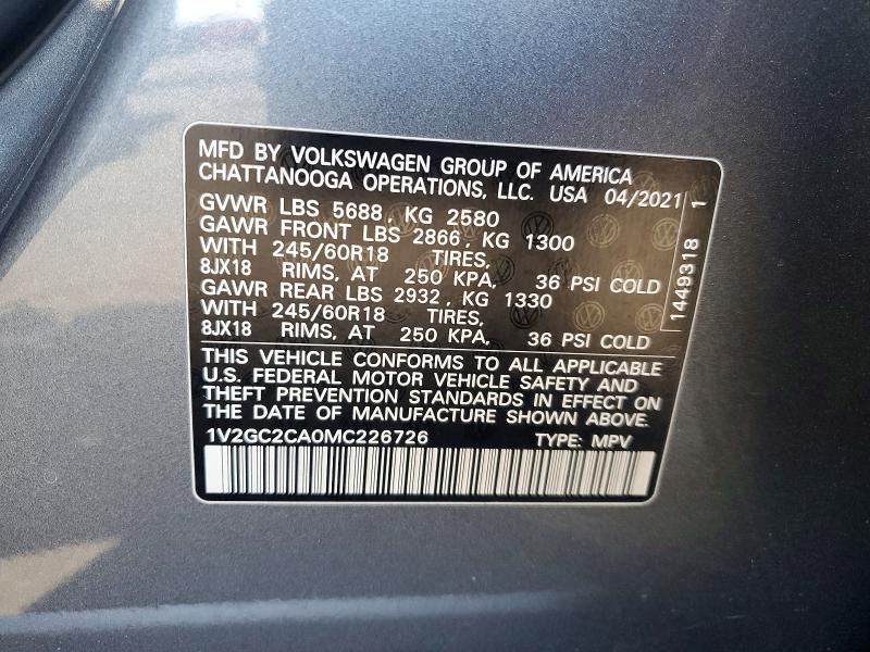 Продажа на аукционе авто 2021 Volkswagen Atlas Cross Sport, vin: 1V2GC2CA0MC226726, номер лота: 55570516