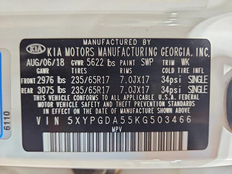 57970346 :رقم المزاد ، 5XYPGDA55KG503466 vin ، 2019 Kia Sorento مزاد بيع