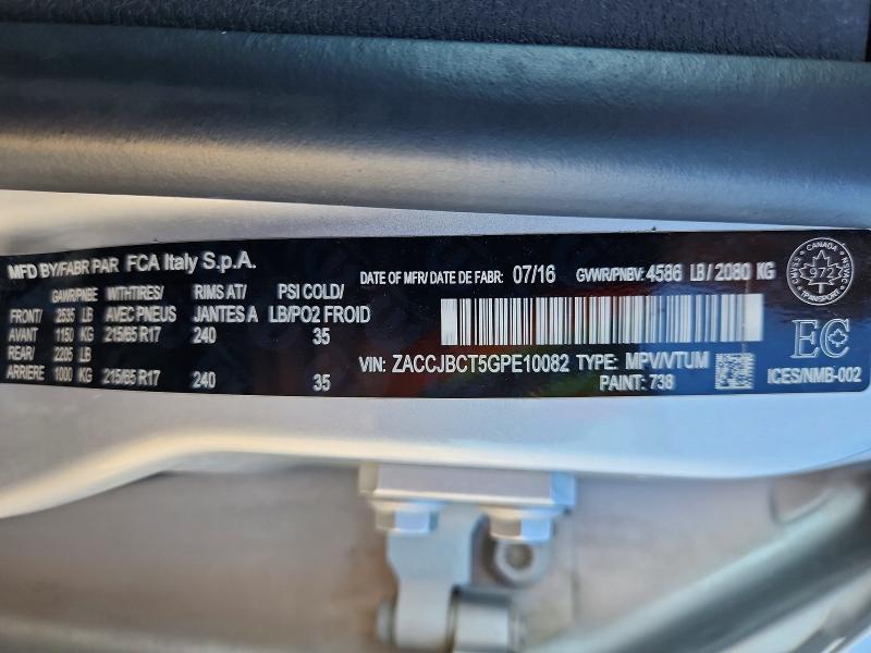 2016 Jeep Renegade მანქანა იყიდება აუქციონზე, vin: ZACCJBCT5GPE10082, აუქციონის ნომერი: 58824066