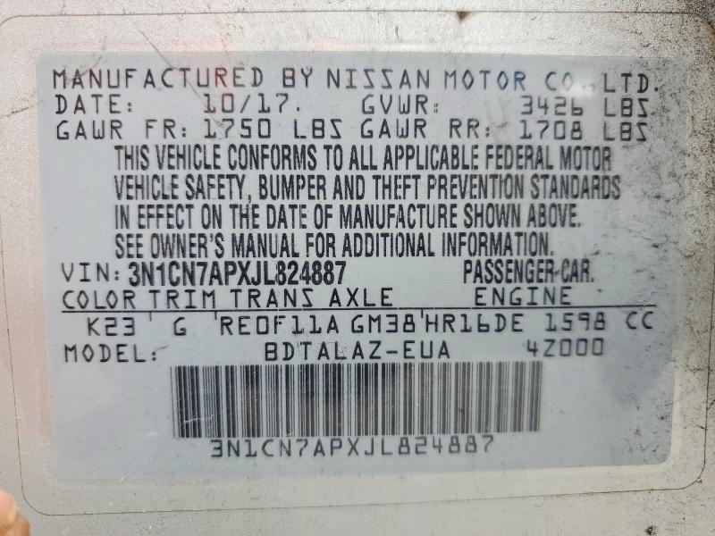 2018 Nissan Versa მანქანა იყიდება აუქციონზე, vin: 3N1CN7APXJL824887, აუქციონის ნომერი: 85449635