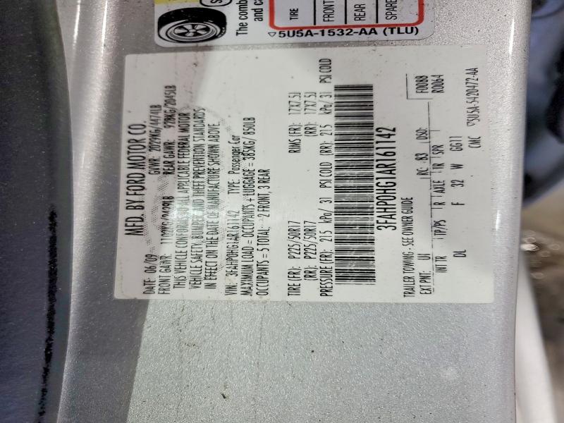 58497986 :رقم المزاد ، 3FAHP0HG1AR161142 vin ، 2010 Ford Fusion مزاد بيع