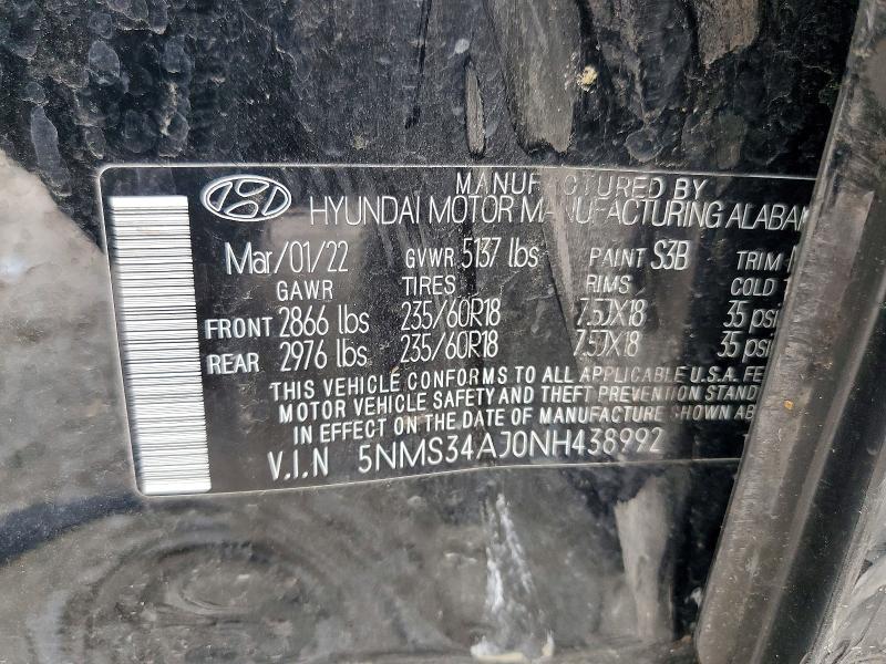 Aukcja sprzedaży 2022 Hyundai Santa Fe, vin: 5NMS34AJ0NH438992, numer aukcji: 56785476