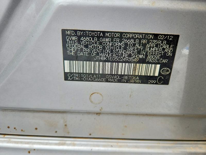 57897526 :رقم المزاد ، JTHBK1EG5C2493549 vin ، 2012 Lexus Es مزاد بيع