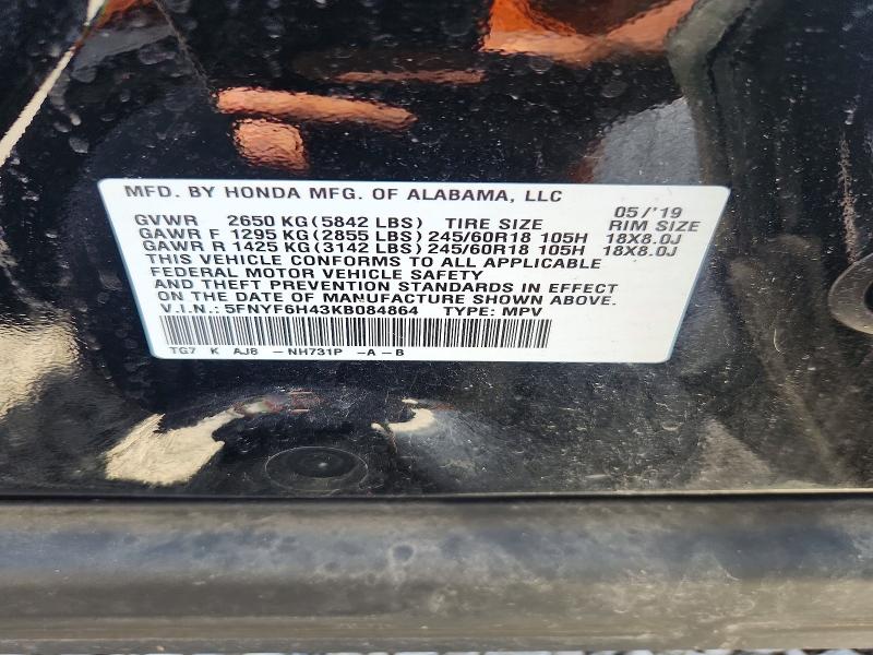 Aukcja sprzedaży 2019 Honda Pilot, vin: 5FNYF6H43KB084864, numer aukcji: 55917276