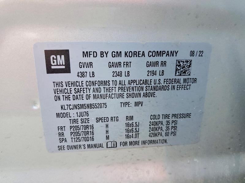 2022 Chevrolet Trax მანქანა იყიდება აუქციონზე, vin: KL7CJNSM5NB552075, აუქციონის ნომერი: 56691966
