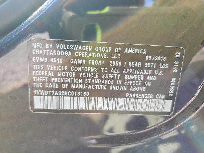 2017 Volkswagen Passat მანქანა იყიდება აუქციონზე, vin: 1VWDT7A32HC013169, აუქციონის ნომერი: 54529676