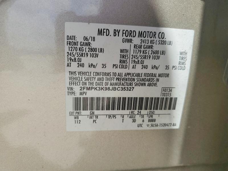 2018 Ford Edge მანქანა იყიდება აუქციონზე, vin: 2FMPK3K98JBC35327, აუქციონის ნომერი: 76295395