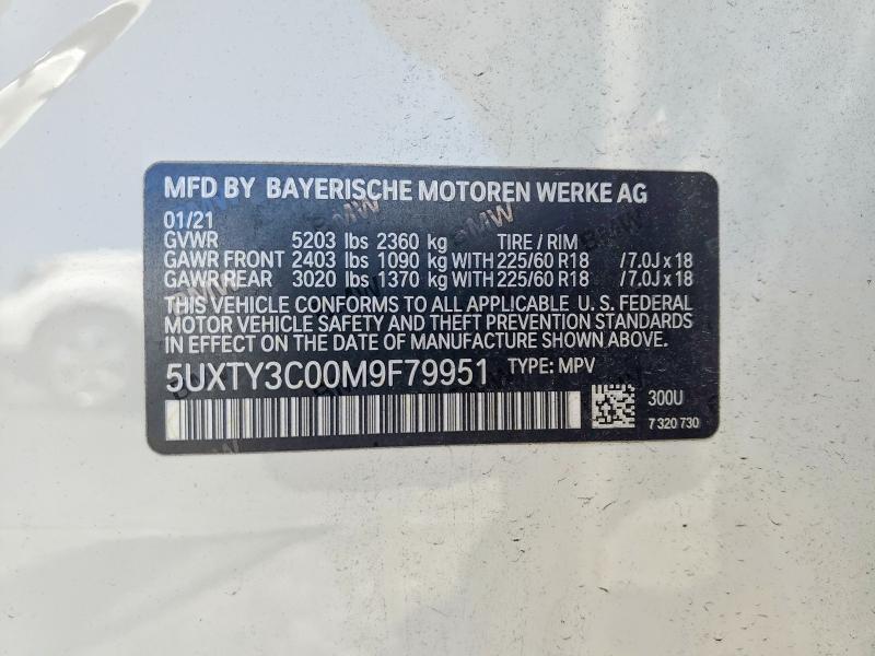 2021 Bmw X3 მანქანა იყიდება აუქციონზე, vin: 5UXTY3C00M9F79951, აუქციონის ნომერი: 57077156