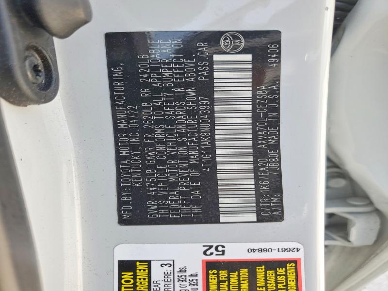 2022 Toyota Camry მანქანა იყიდება აუქციონზე, vin: 4T1G11AK8NU043997, აუქციონის ნომერი: 57268916