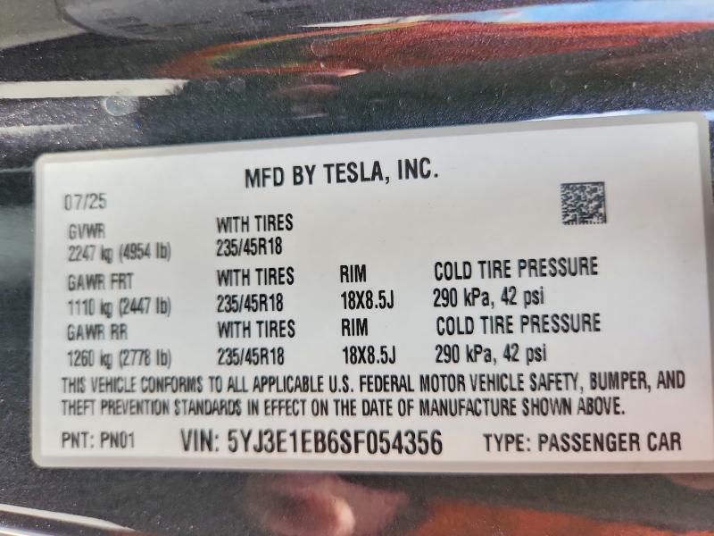 Продажа на аукционе авто 2025 Tesla Model 3, vin: 5YJ3E1EB6SF054356, номер лота: 58039326