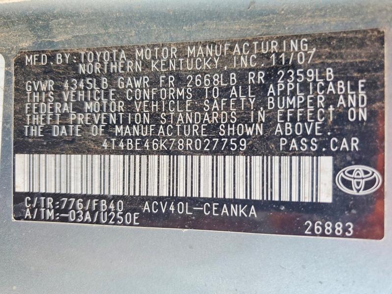 57061326 :رقم المزاد ، 4T4BE46K78R027759 vin ، 2008 Toyota Camry مزاد بيع