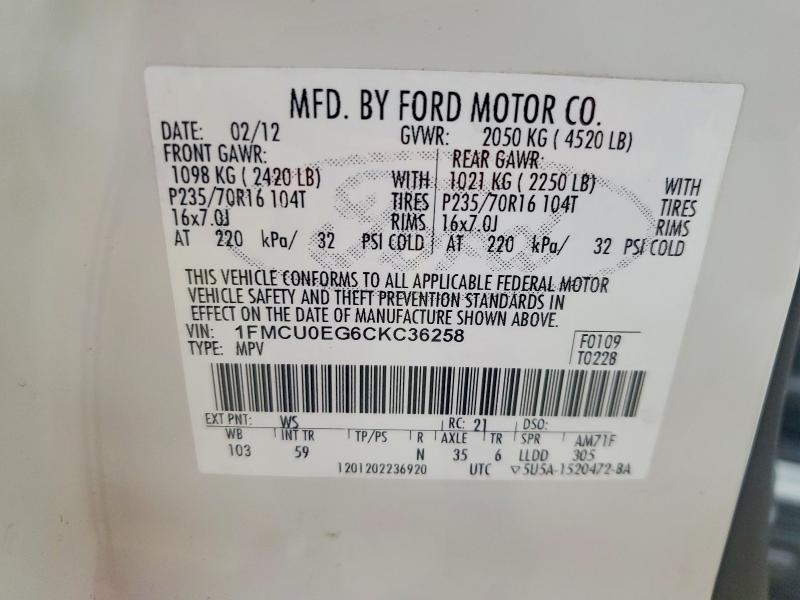 Продаж на аукціоні авто 2012 Ford Escape, vin: 1FMCU0EG6CKC36258, номер лоту: 55710546
