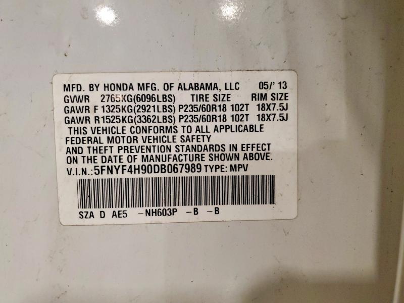58023996 :رقم المزاد ، 5FNYF4H90DB067989 vin ، 2013 Honda Pilot مزاد بيع
