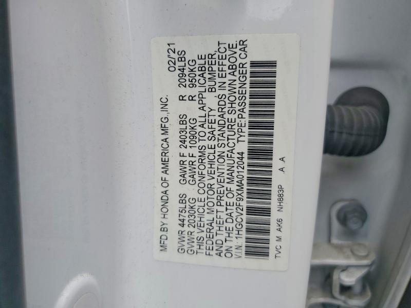 Auction sale of the 2021 Honda Accord, vin: 1HGCV2F9XMA012044, lot number: 57017416