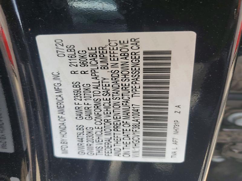 Aukcja sprzedaży 2020 Honda Accord, vin: 1HGCV1F38LA100417, numer aukcji: 57191036