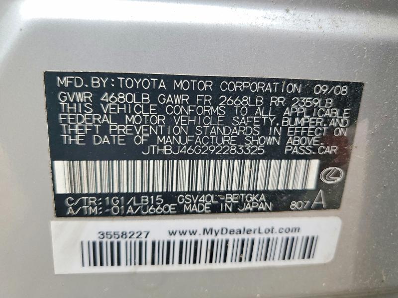 Продажа на аукционе авто 2009 Lexus Es, vin: JTHBJ46G292283325, номер лота: 57702406
