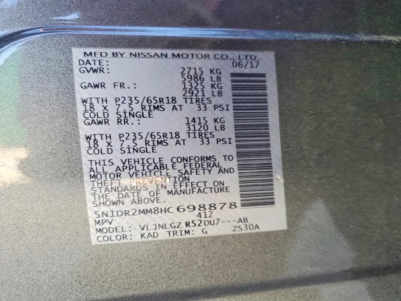2017 Nissan Pathfinder მანქანა იყიდება აუქციონზე, vin: 5N1DR2MM8HC698878, აუქციონის ნომერი: 58718026
