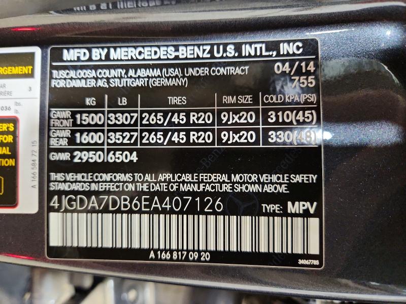 2014 Mercedes-benz Ml მანქანა იყიდება აუქციონზე, vin: 4JGDA7DB6EA407126, აუქციონის ნომერი: 58196516