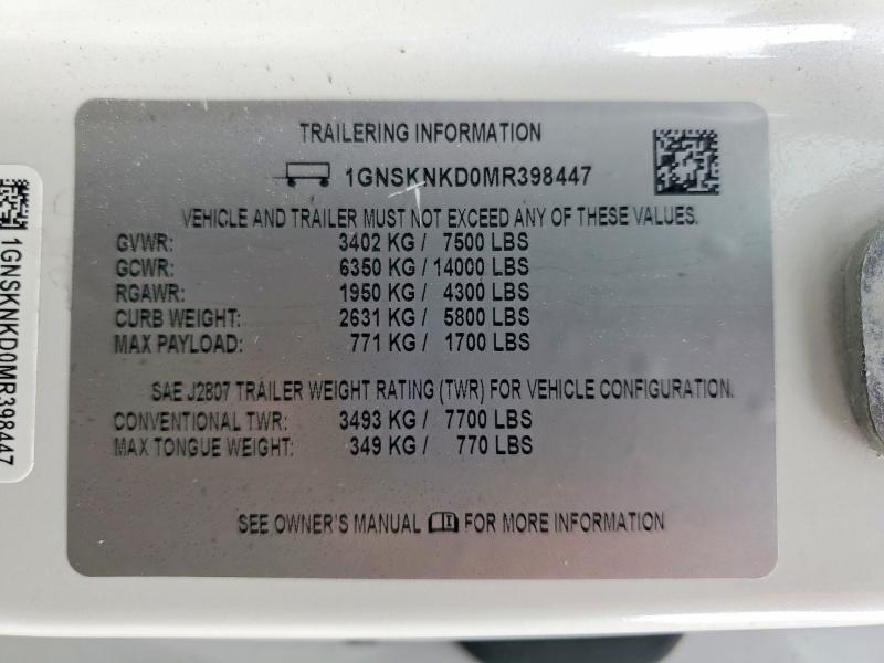 Aukcja sprzedaży 2021 Chevrolet Tahoe, vin: 1GNSKNKD0MR398447, numer aukcji: 57167816