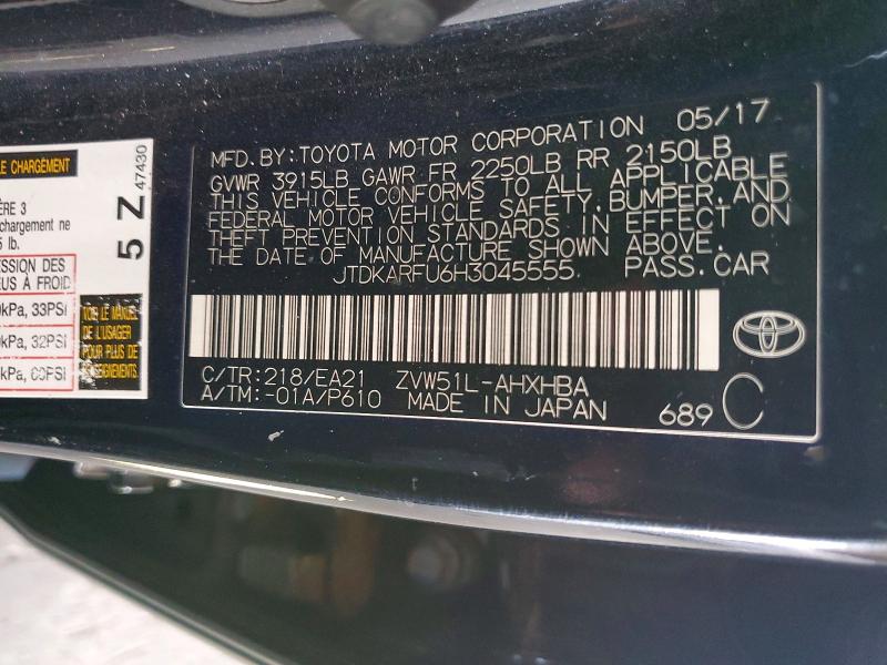 2017 Toyota Prius მანქანა იყიდება აუქციონზე, vin: JTDKARFU6H3045555, აუქციონის ნომერი: 58704916