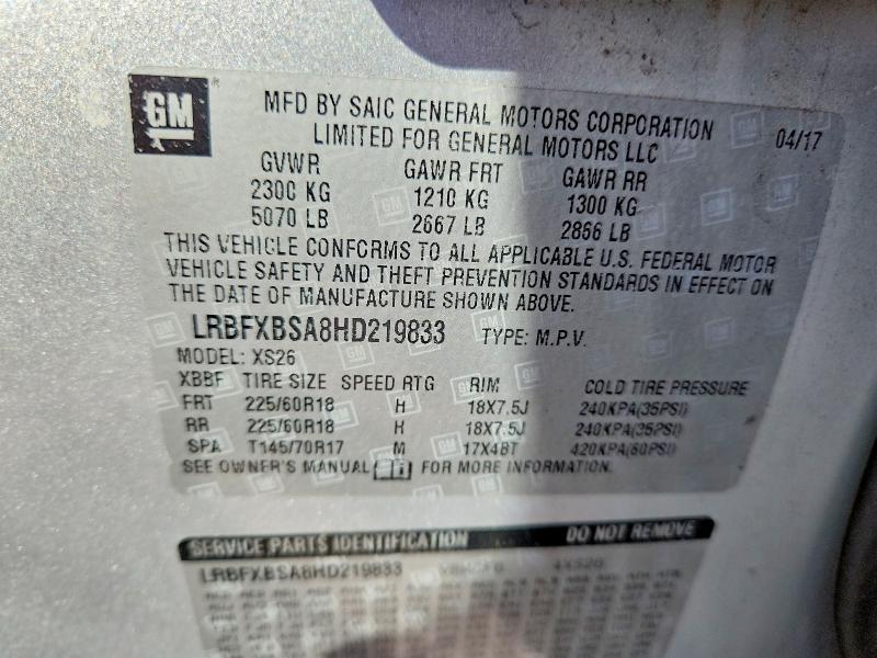 Продаж на аукціоні авто 2017 Buick Envision, vin: LRBFXBSA8HD219833, номер лоту: 57255916