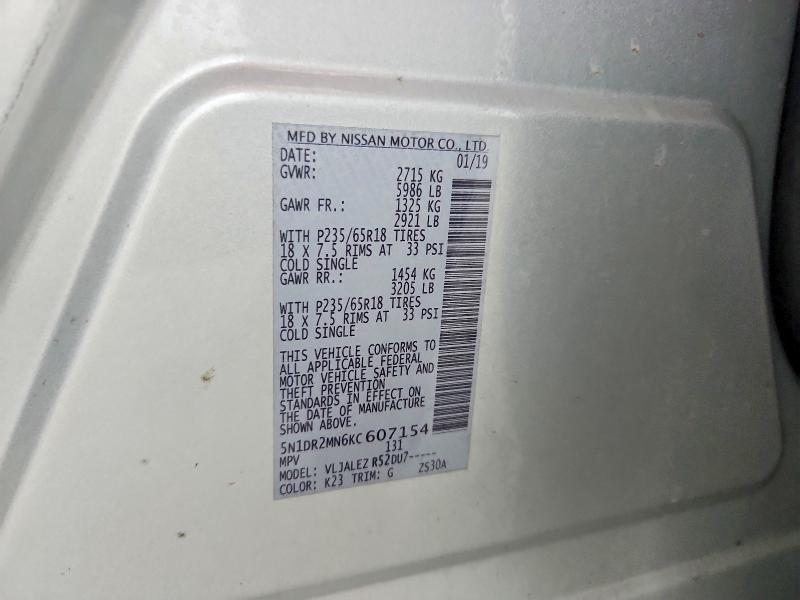 Продажа на аукционе авто 2019 Nissan Pathfinder, vin: 5N1DR2MN6KC607154, номер лота: 58291846