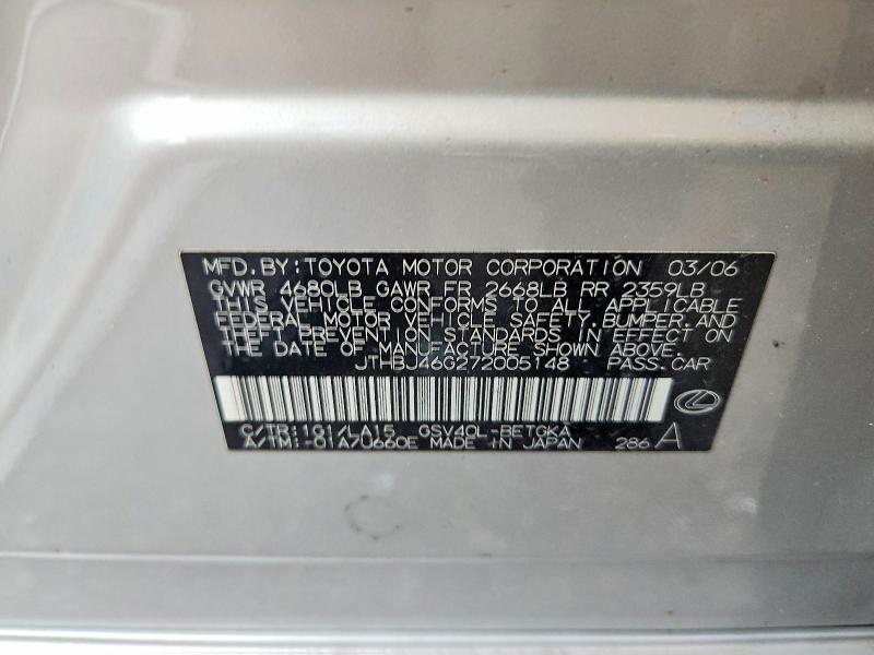 2007 Lexus Es მანქანა იყიდება აუქციონზე, vin: JTHBJ46G272005148, აუქციონის ნომერი: 56702106