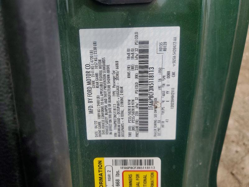 Продажа на аукционе авто 2022 Ford Mustang, vin: 1FA6P8CF3N5118113, номер лота: 56581446