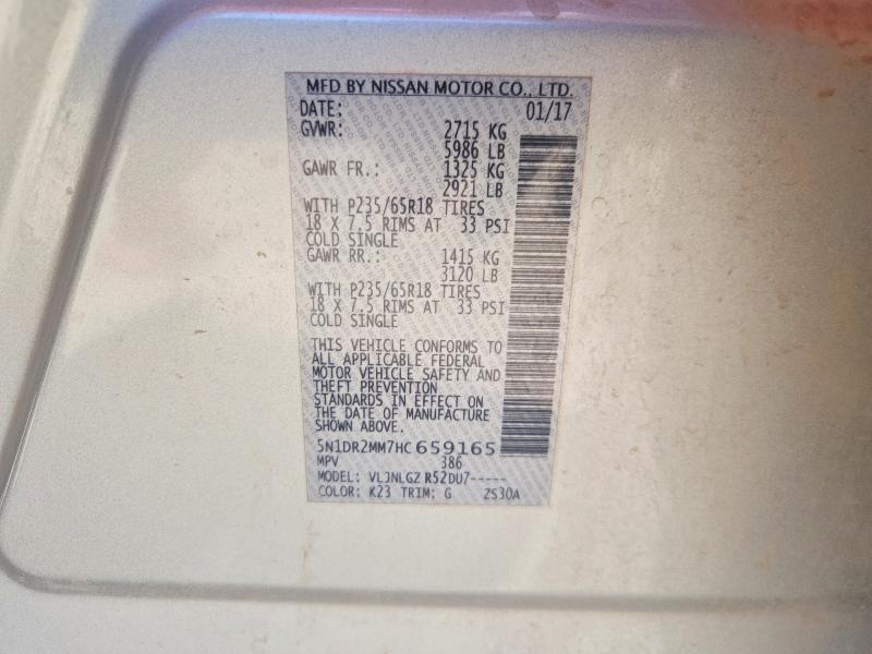 2017 Nissan Pathfinder მანქანა იყიდება აუქციონზე, vin: 5N1DR2MM7HC659165, აუქციონის ნომერი: 58599936