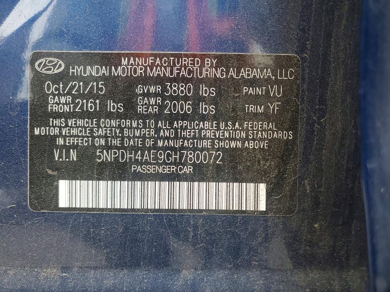 57945976 :رقم المزاد ، 5NPDH4AE9GH780072 vin ، 2016 Hyundai Elantra مزاد بيع