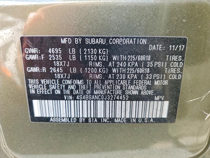 Продаж на аукціоні авто 2018 Subaru Outback, vin: 4S4BSANC0J3274452, номер лоту: 55973096