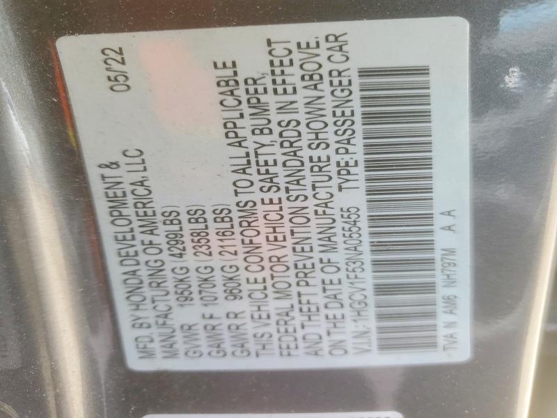 56971866 :رقم المزاد ، 1HGCV1F53NA055455 vin ، 2022 Honda Accord مزاد بيع