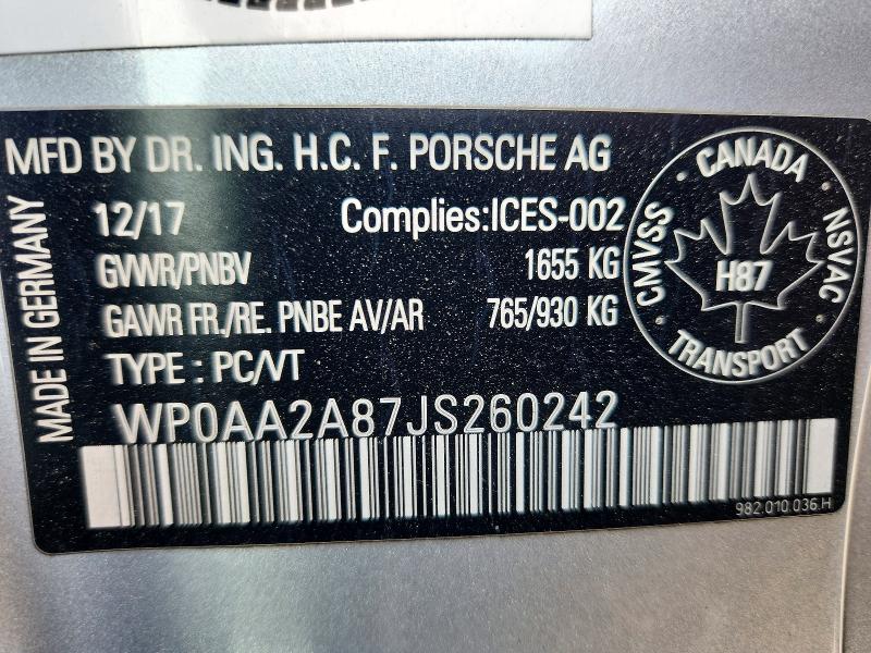 55221786 :رقم المزاد ، WP0AA2A87JS260242 vin ، 2018 Porsche Cayman مزاد بيع