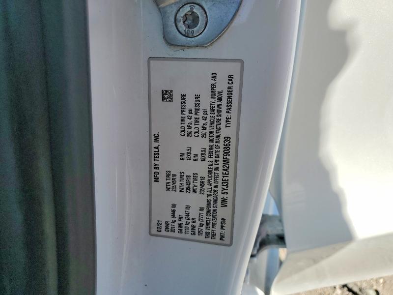 Продажа на аукционе авто 2021 Tesla Model 3, vin: 5YJ3E1EA2MF908639, номер лота: 57118556