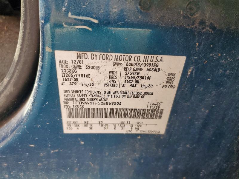 2002 Ford F250 მანქანა იყიდება აუქციონზე, vin: 1FTNW21F52EB69505, აუქციონის ნომერი: 56838676