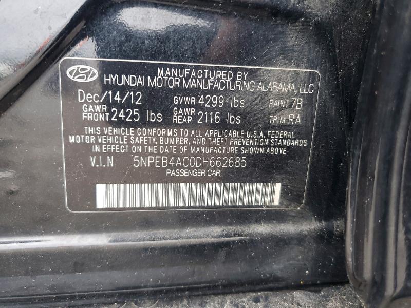 55282866 :رقم المزاد ، 5NPEB4AC0DH662685 vin ، 2013 Hyundai Sonata مزاد بيع
