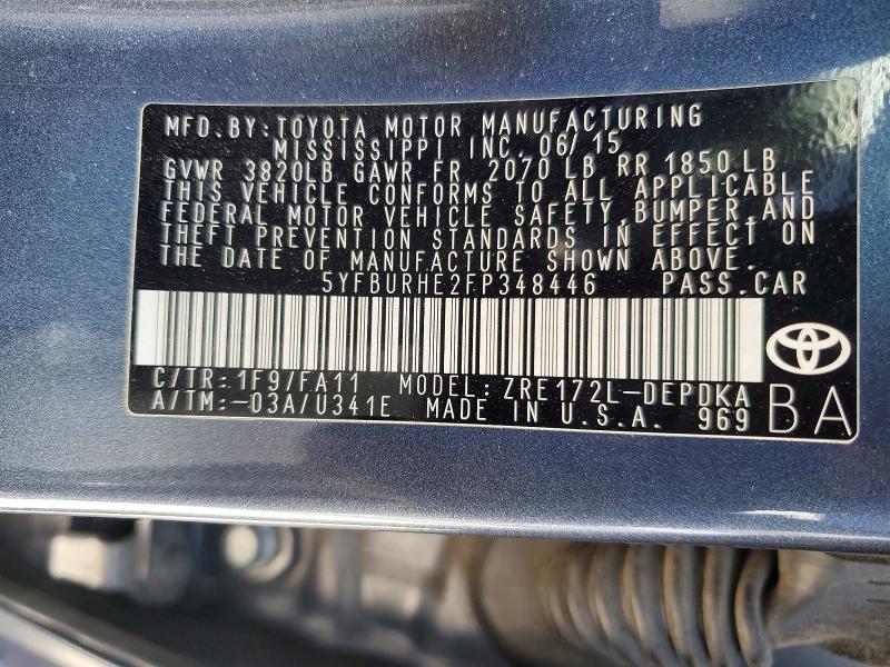 2015 Toyota Corolla მანქანა იყიდება აუქციონზე, vin: 5YFBURHE2FP348446, აუქციონის ნომერი: 58294696