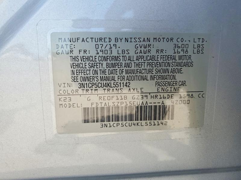 Aukcja sprzedaży 2019 Nissan Kicks, vin: 3N1CP5CU4KL551142, numer aukcji: 58575686