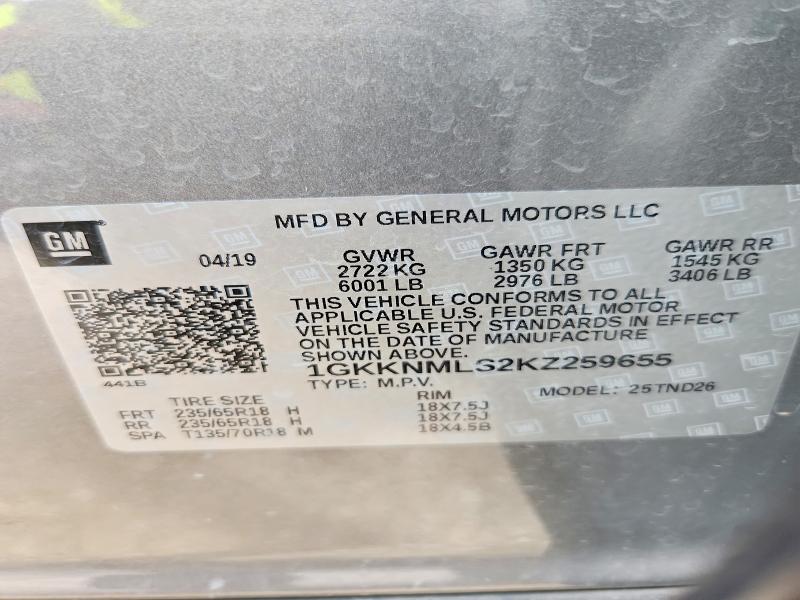 Aukcja sprzedaży 2019 Gmc Acadia, vin: 1GKKNMLS2KZ259655, numer aukcji: 58621036