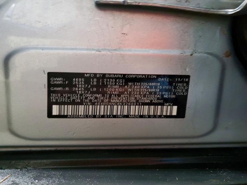 2019 Subaru Outback მანქანა იყიდება აუქციონზე, vin: 4S4BSANC8K3260011, აუქციონის ნომერი: 57424476