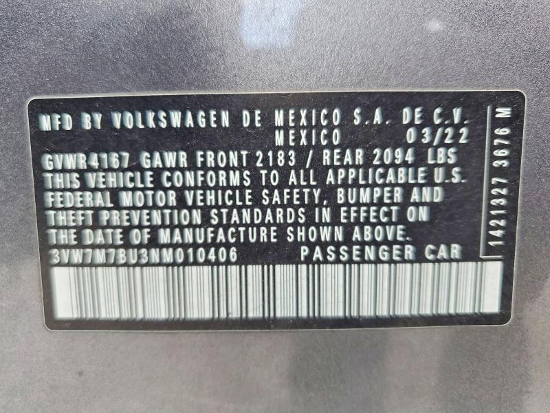 Aukcja sprzedaży 2022 Volkswagen Jetta, vin: 3VW7M7BU3NM010406, numer aukcji: 55616826
